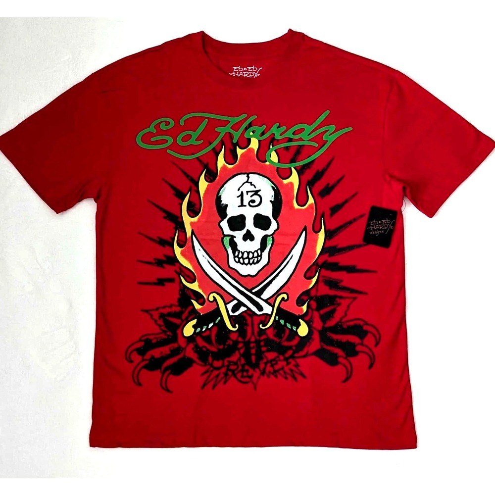ED HARDY Men's Red Skull T-Shirt‎ Flame 13 Graphic Tee M NEW w/ Tags Rare Tattoo